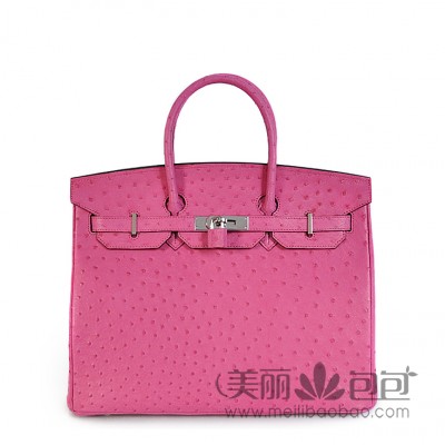 hermes Birkin爱马仕铂金包 Ostrich leather玫红真鸵鸟皮银扣30/35CM