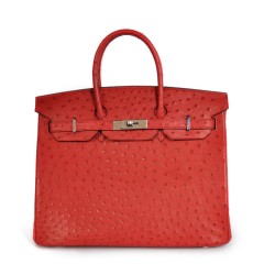 hermes Birkin爱马仕铂金包 Ostrich leather大红真鸵鸟皮银扣30/35CM