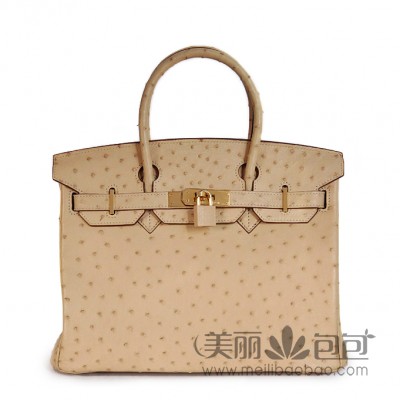 hermes Birkin爱马仕铂金包 Ostrich leather米白色真鸵鸟皮金扣柏金包30/35CM