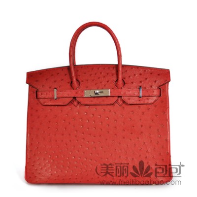 hermes Birkin爱马仕铂金包 Ostrich leather大红真鸵鸟皮银扣30/35CM