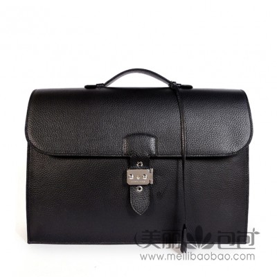 hermes 38CM Sac a Depeche 黑色荔枝纹男士爱马仕公文包668BY