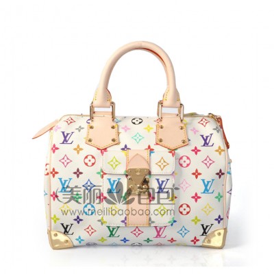 Speedy30村上隆lv包包 Monogram Multicolore浪漫白色三三彩手提包M92643W