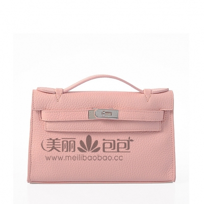 hermes Kelly 22cm浅粉色荔纹女包 小号银扣爱马仕凯莉包