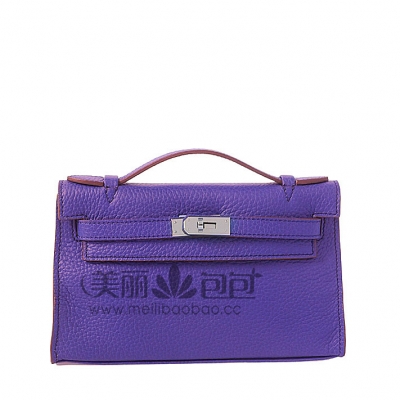 hermes Kelly 22cm紫蓝色荔纹女包 小号银扣爱马仕凯莉包