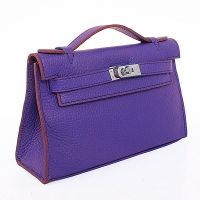 hermes Kelly 22cm紫蓝色荔纹女包 小号银扣爱马仕凯莉包