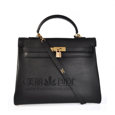 hermes kelly 原版黑色荔纹牛皮爱马仕凯莉包32-35cm