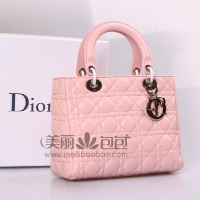 浅粉色lady dior戴妃包 进口原版小羊皮银扣迪奥包99002QFY
