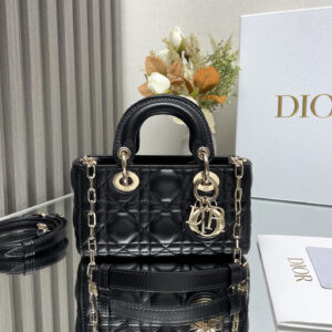 金智秀同款 dior Lady D−Joy横款戴妃包 迪奥迷你手提链条包 黑金色羊皮藤格纹0910