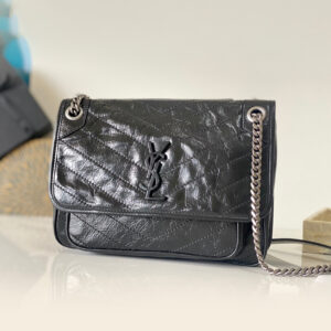 ysl niki圣罗兰邮差包 经典炫酷 中号黑色褶皱皮革 古银链条 633158