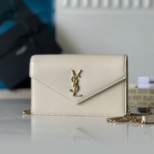 ysl lecassandre圣罗兰女士迷你链条包 奶昔白色牛皮 三色logo woc信封手拿包743050