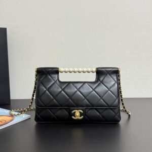 chanel 25P系列 女士珍珠手提链条包 香奈儿复古风口盖包 黑金色