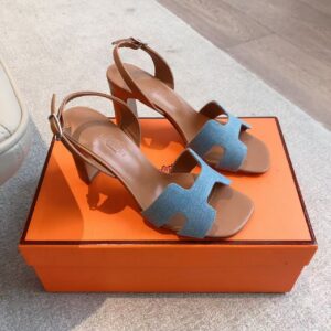 hermes a Eclair 2025夏日度假系列 爱马仕H标志女士高跟凉拖鞋 棕色牛皮配牛仔蓝织布