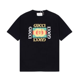gucci古琦情侣款T恤 红绿条纹拼色字母标志 经典复古印花圆领短袖 黑色
