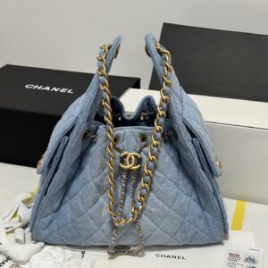 chanel25bag hobo链条抽绳手袋 工装慵懒风 香奈儿丹宁牛仔蓝小号嬉皮包AS5293