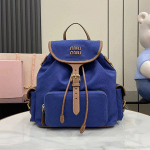 张元英同款 miumiu25新款抽绳双肩包 大号 蓝色 时尚轻盈帆布背包5BZ042