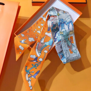 hermes sur mon nuage twilly小丝巾束发带 真丝斜纹 双面漫画图案 橙色