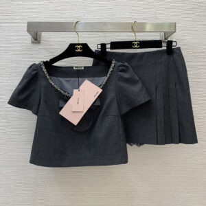 miumiu缪缪高端女士套装裙子 领口金属珠链蝴蝶结 韩女团风 可咸可甜 灰色