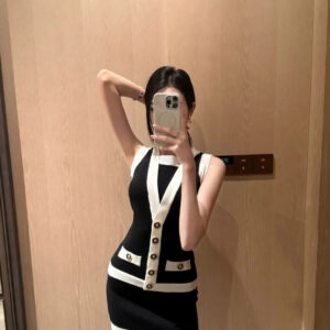 BALMAIN巴爾曼 2025夏季新款黑色撞色針織連衣裙 - Image 23