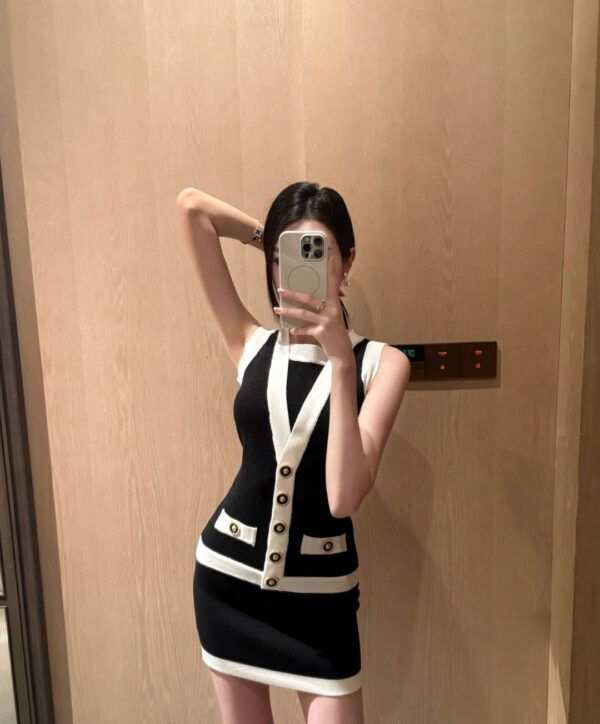 BALMAIN巴爾曼 2025夏季新款黑色撞色針織連衣裙