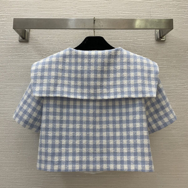 miumiu繆繆夏季女裝 藍白色格子套裝 學院風海軍領蝴蝶結