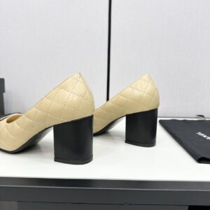 chanel25S早秋新款女鞋 香奈兒瑪麗珍芭蕾粗高跟單鞋 杏黑色羊皮菱格紋 圓頭雙C - Image 3