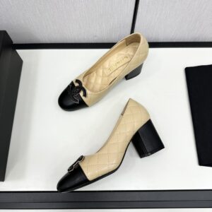 chanel25S早秋新款女鞋 香奈兒瑪麗珍芭蕾粗高跟單鞋 杏黑色羊皮菱格紋 圓頭雙C - Image 4