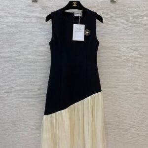 chanel 25C夏季新款連衣裙 香奈兒撞色拼接無袖背心裙子 山茶花胸針 - Image 3