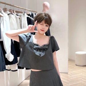 miumiu繆繆高端女士套裝裙子 領口金屬珠鏈蝴蝶結 韓女團風 可咸可甜 灰色 - Image 7