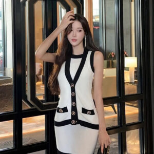 BALMAIN巴爾曼 2025夏季新款黑色撞色針織連衣裙 - Image 11