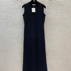 Sandro夏季新款高定禮服裙 釘珠裝飾鏤空 壓褶裙擺 無袖背心裙 長款針織連衣裙 - Image 14