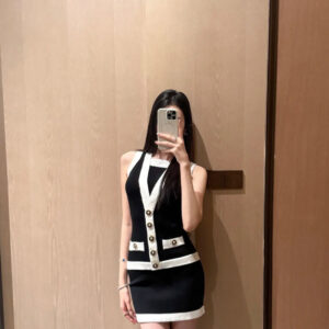 BALMAIN巴爾曼 2025夏季新款黑色撞色針織連衣裙 - Image 25