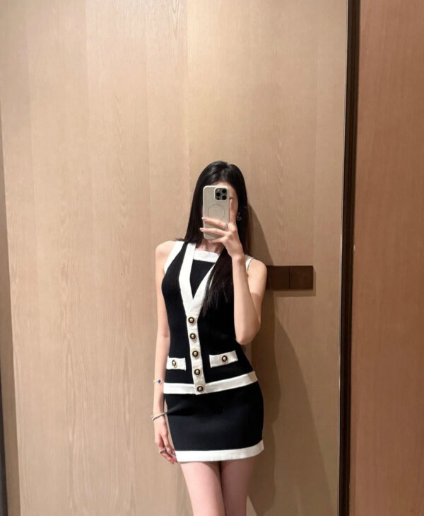 BALMAIN巴爾曼 2025夏季新款黑色撞色針織連衣裙