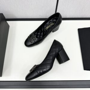 chanel25S早秋新款女鞋 香奈兒瑪麗珍芭蕾粗高跟單鞋 黑色羊皮菱格紋 圓頭雙C - Image 4