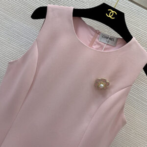 chanel 25C夏季新款連衣裙 香奈兒撞色拼接無袖背心裙子 山茶花胸針 - Image 6