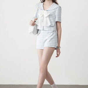 miumiu繆繆夏季女裝 藍白色格子套裝 學院風海軍領蝴蝶結 - Image 12