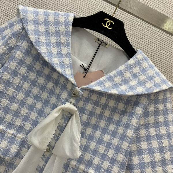 miumiu繆繆夏季女裝 藍白色格子套裝 學院風海軍領蝴蝶結