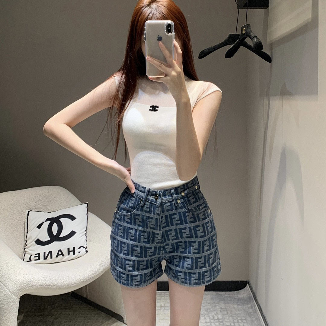 FENDI芬迪25夏季新款女士牛仔褲 丹寧藍色FF提花短褲 - Image 11