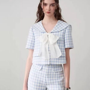 miumiu繆繆夏季女裝 藍白色格子套裝 學院風海軍領蝴蝶結 - Image 14