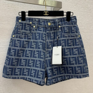 FENDI芬迪25夏季新款女士牛仔裤 丹宁蓝色FF提花短裤