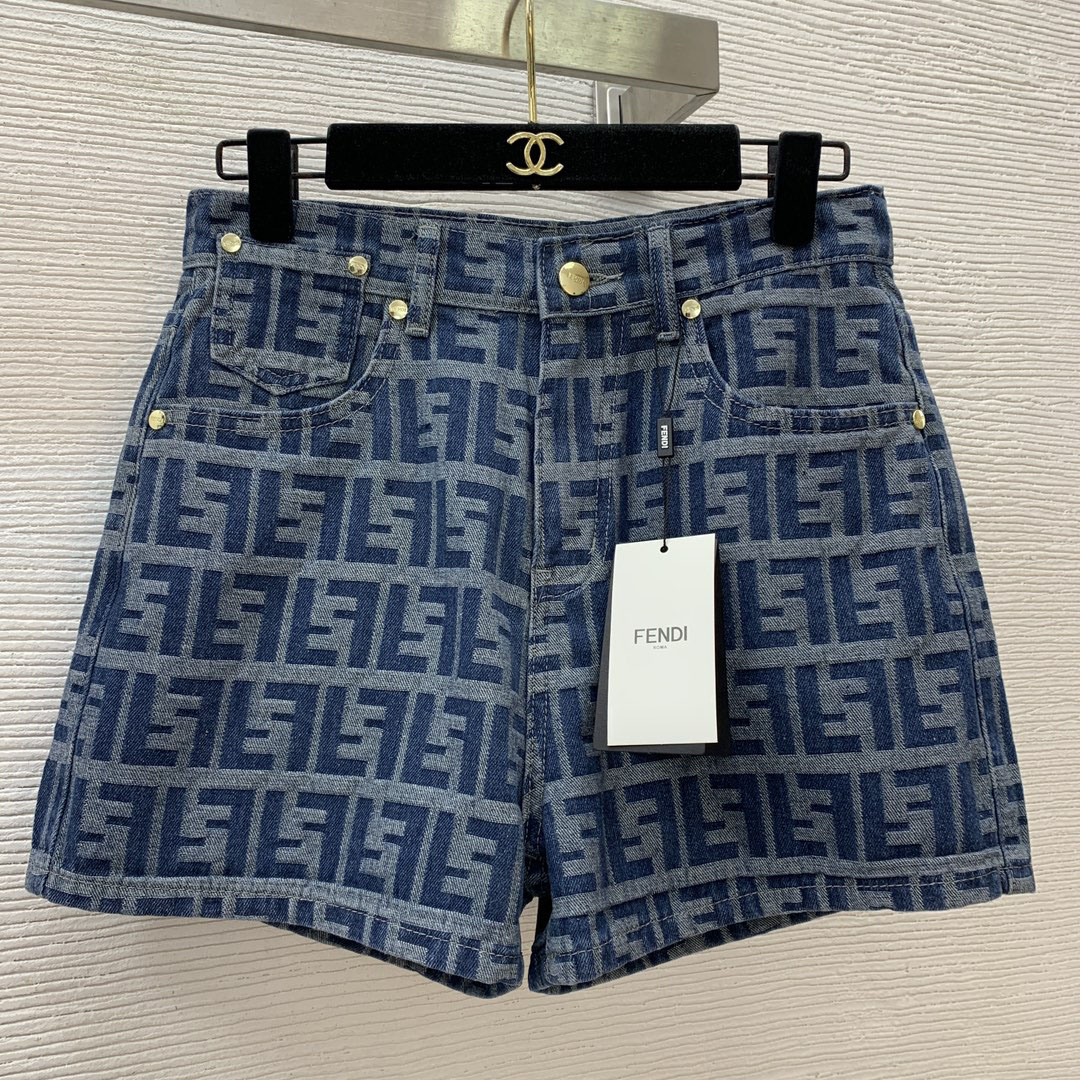 FENDI芬迪25夏季新款女士牛仔褲 丹寧藍色FF提花短褲 - Image 1