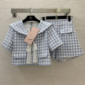 miumiu繆繆夏季女裝 藍白色格子套裝 學院風海軍領蝴蝶結 - Image 2