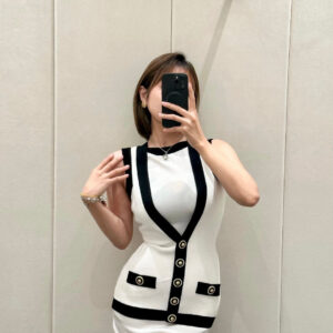 BALMAIN巴爾曼 2025夏季新款黑色撞色針織連衣裙 - Image 15