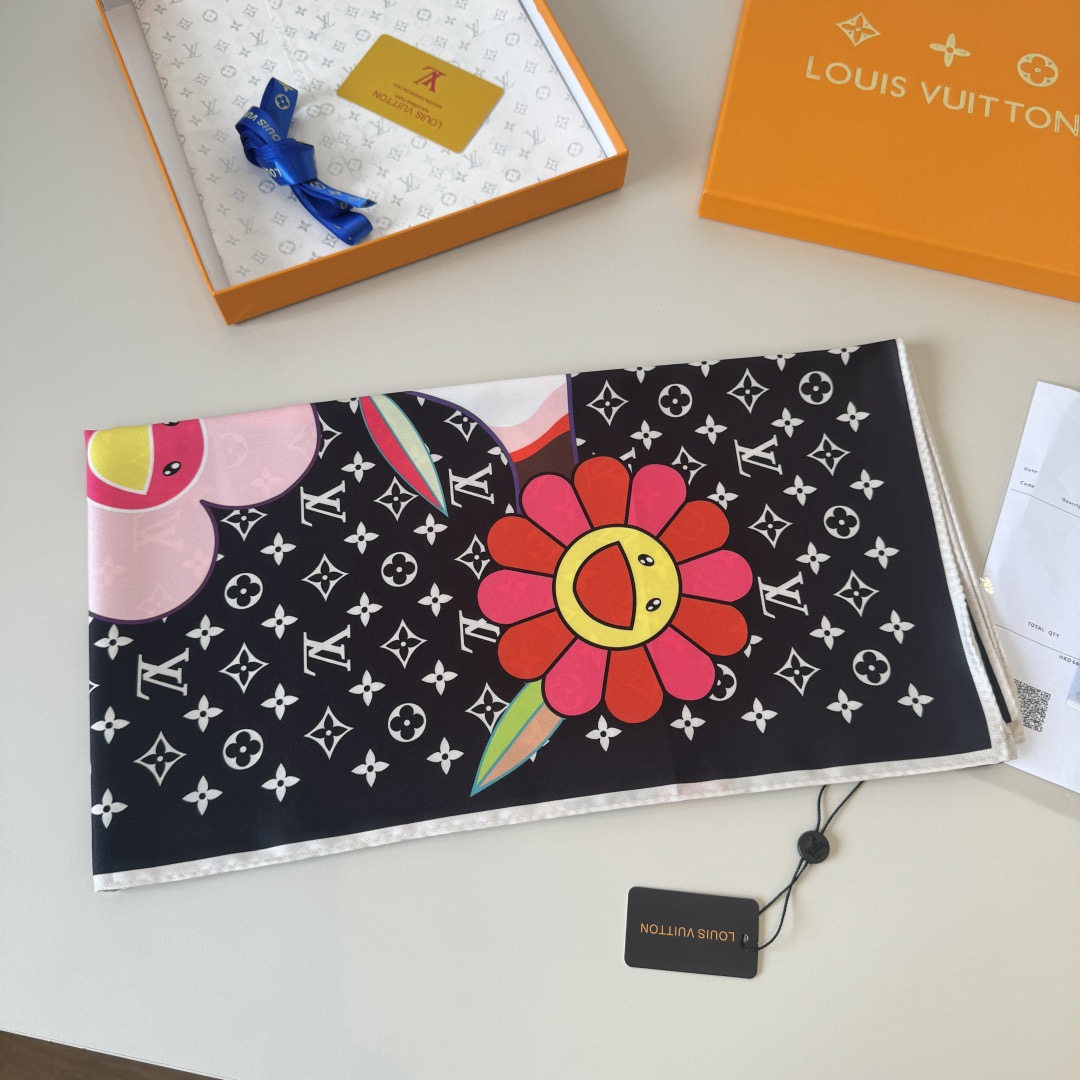 村上隆聯名款 Monogram Superflat 90真丝方巾 LV Hands标识 微笑花卉 黑色 - Image 5