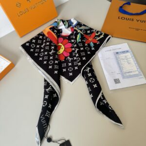 村上隆聯名款 Monogram Superflat 90真丝方巾 LV Hands标识 微笑花卉 黑色 - Image 6