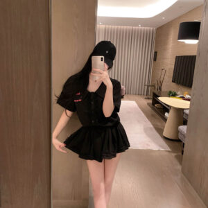 Moschino莫斯奇诺25SS夏季新款女裝 黑色蕾絲褶皺花边抽绳 KISS YEAH猫猫连衣裙