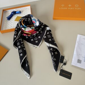 村上隆聯名款 Monogram Superflat 90真丝方巾 LV Hands标识 微笑花卉 黑色 - Image 7