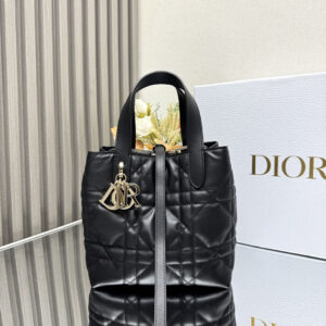 dior toujours mini托特包 迪奧女士菜篮子手提斜挎包 黑金软牛皮革藤格紋2835