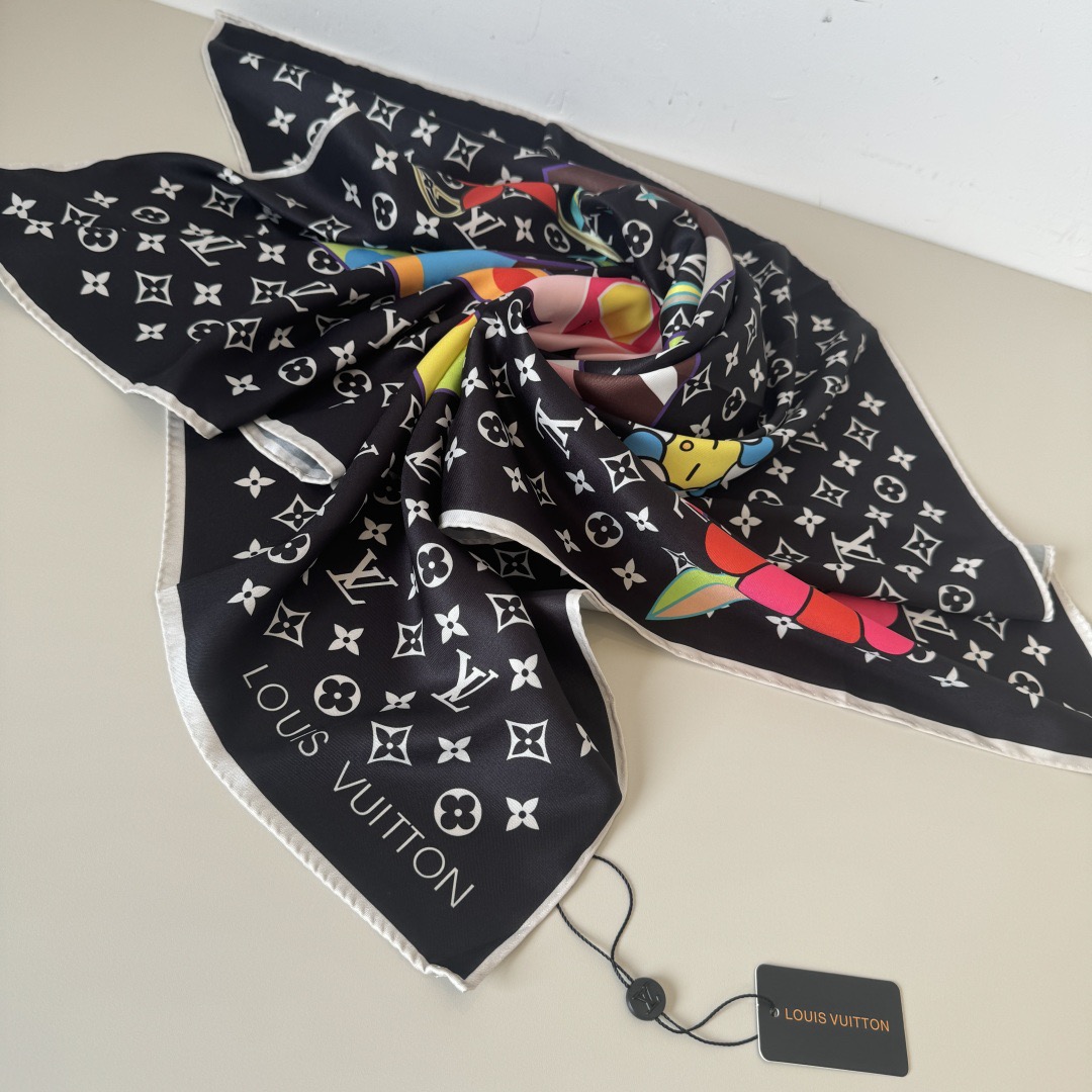 村上隆聯名款 Monogram Superflat 90真丝方巾 LV Hands标识 微笑花卉 黑色 - Image 8