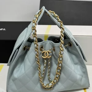 Jenni同款chanel 25bag香奈兒嬉皮包 小號冰川藍色粒紋牛皮 雙C鏈條抽繩包AS5293