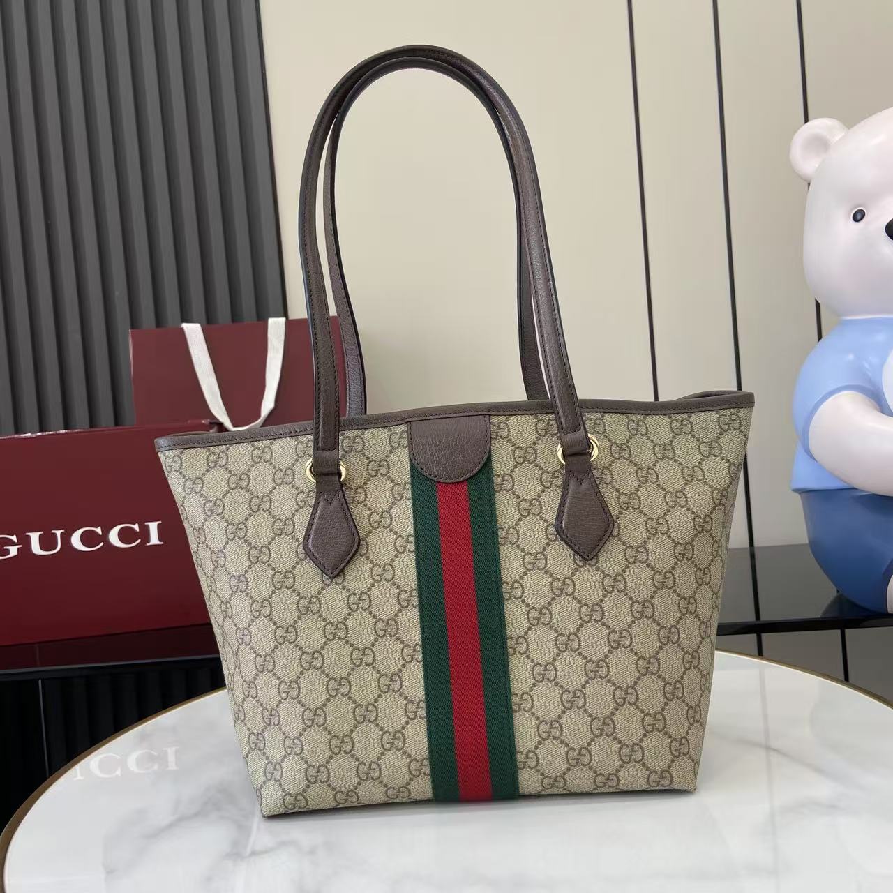 Gucci Ophidia古琦女士托特購物袋 雙G帆布條紋織帶 小號手提單肩包836831 - Image 4